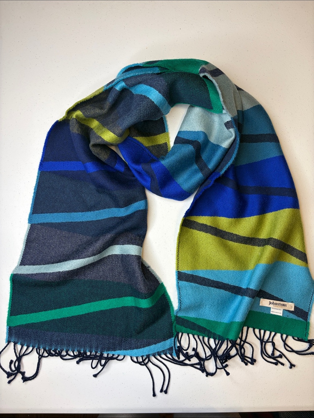 Johnstons of Elgin Scotland 100% Extra Fine Merino Wool Geometric Scarf Blue